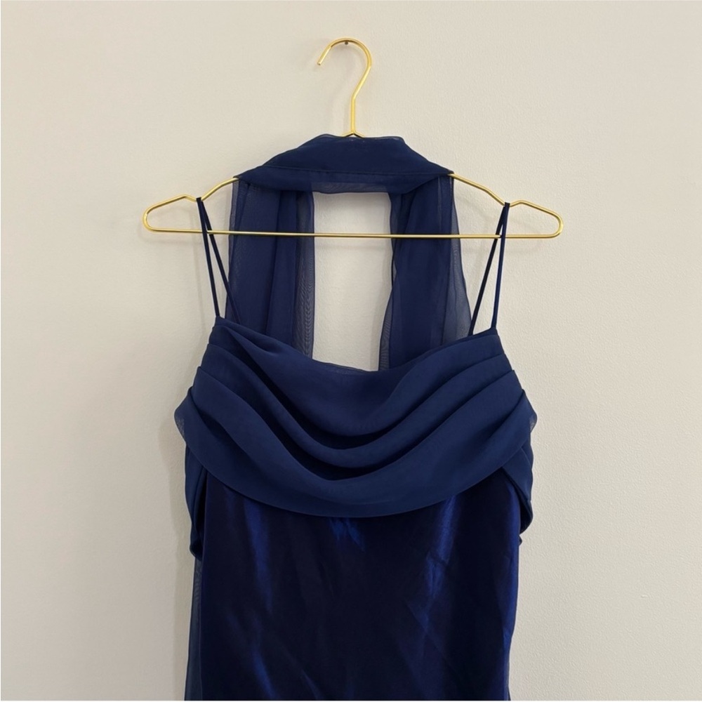 Blue Satin Maxi Dress With Scarf Sz XL Cobalt / Navy Vtg Y2K - Picture 3 of 6